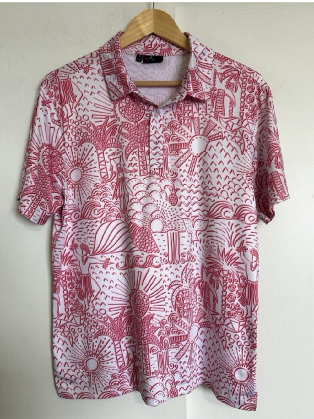 YATTA Polo Shirt Mens Small Hawaiian Tropical Pink Whales Palm Trees Shaka Life